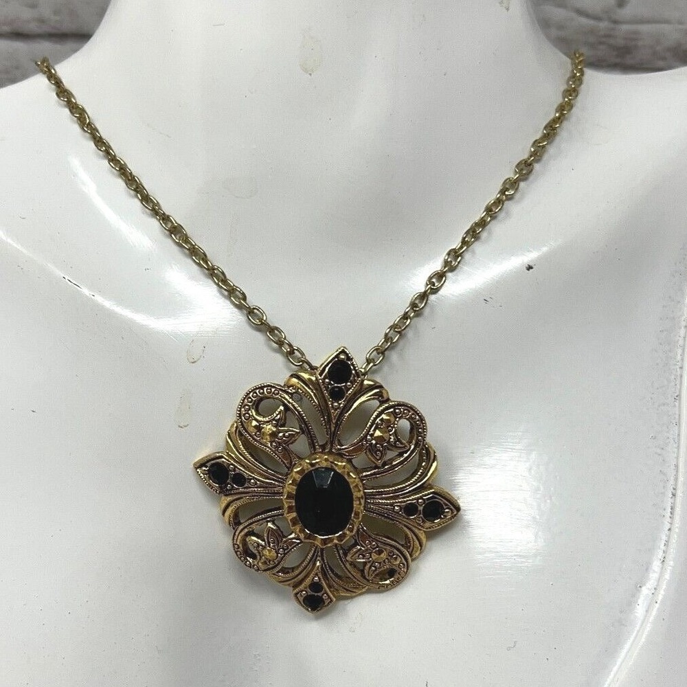 Vintage Avon Necklace Acrylic Black Stone Gold Tone Oval Pendant